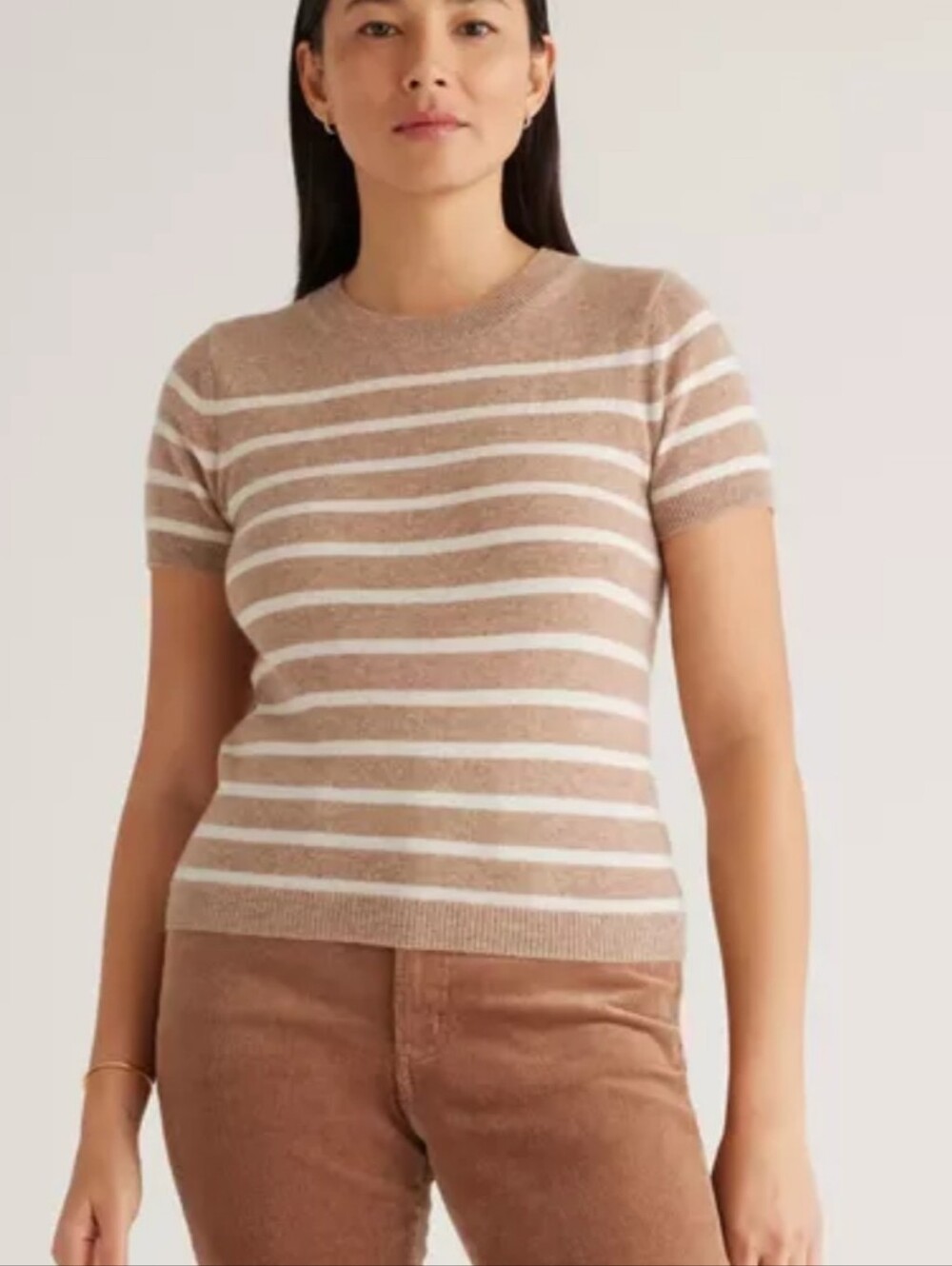Quince Mongolian Cashmere Tee In Oatmeal Ivory Stripe